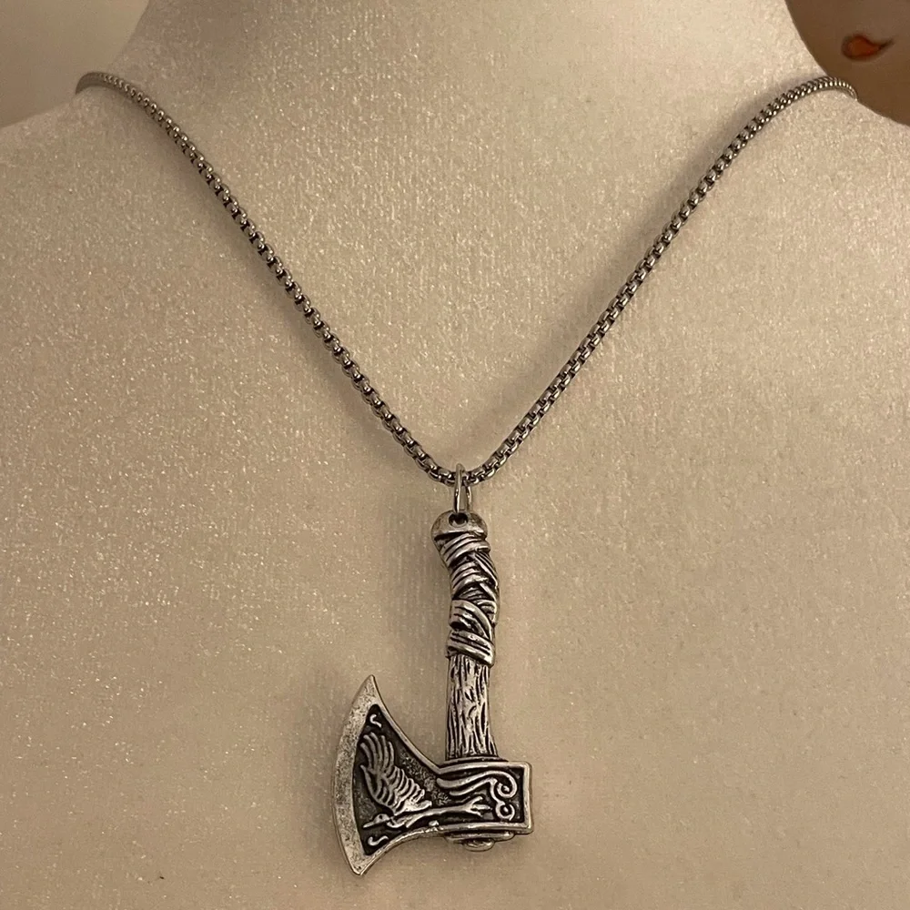 Nordic Viking Axe Necklace with Wolf & Bird